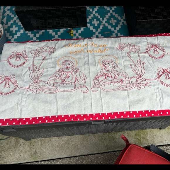 Antique Handstitched Hungarian Religious Table Runner.  1900c. 63”x24” In Size. - Picture 3 of 10